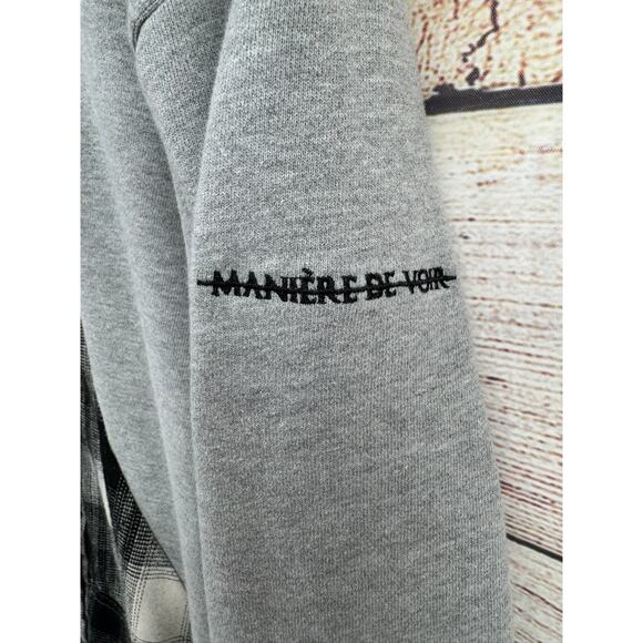 Maniere De Voir Split Flannel Fleece Hoodie Womens 8 Gray Black White Drawstring - Picture 5 of 12